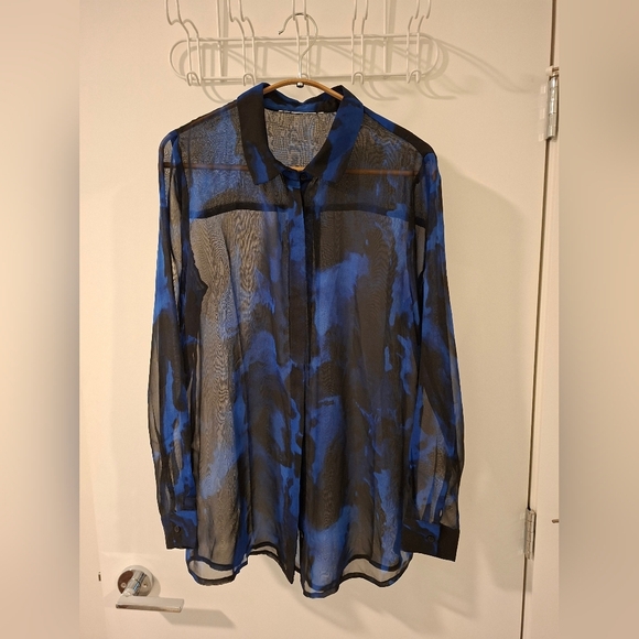 ICHI Women's Black & Royal Blue Sheer Button-up Blouse (Size EU 36/US S) - Picture 2 of 6
